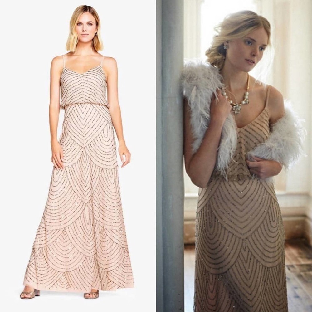 NEW! Adrianna Papell Art Deco Blouson Beaded Gown Taupe Pink